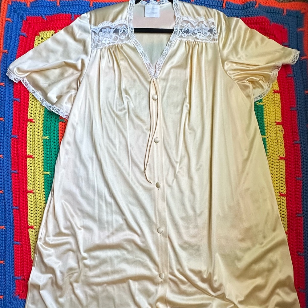 Vintage Gold Satin Nightgown with Lace Trim